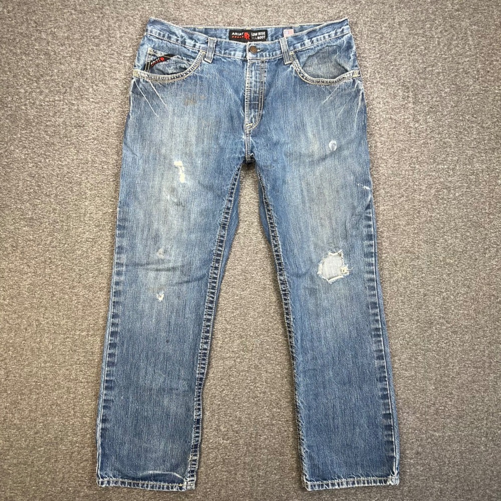 Ariat M4 FR Jeans Mens 37x31 Blue Low Rise Boot Cut Workwear Distressed Cowboy